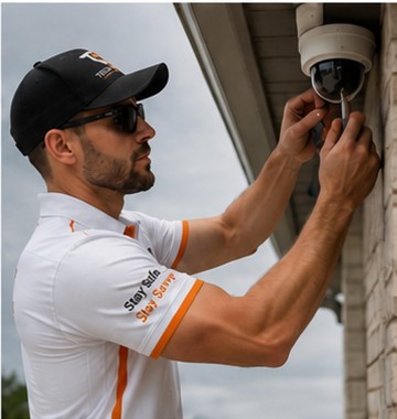 Un técnico de Tech Savvy instalando una cámara de seguridad exterior